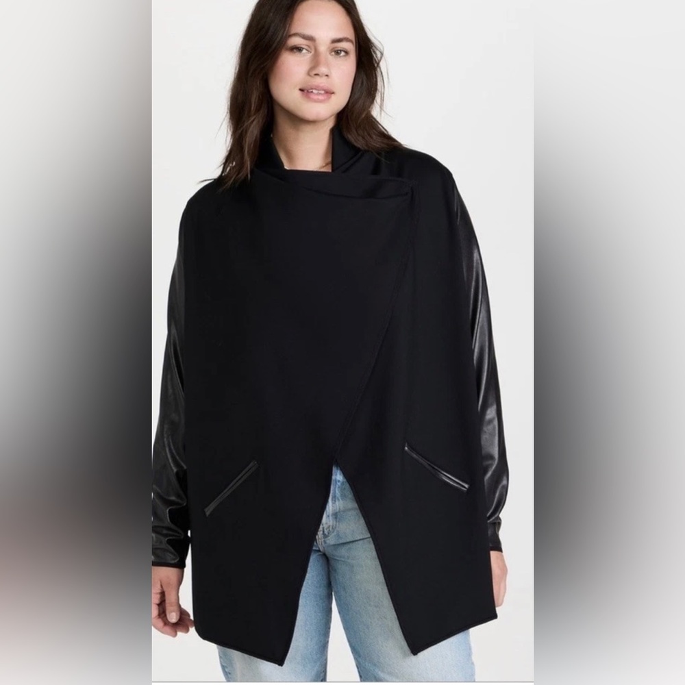 SPANX Black Draped Ponte Blazer with Faux Leather Sleeves